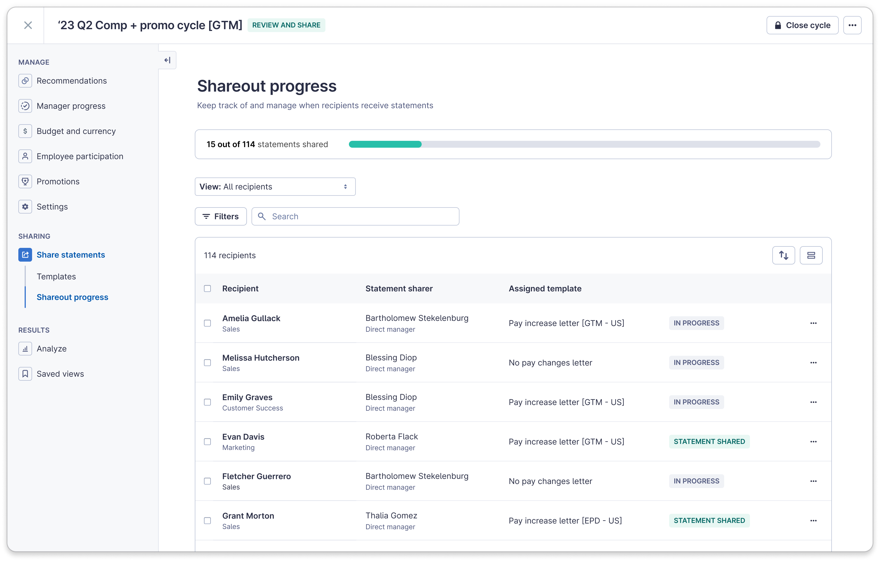 Shareout progress / tracking dashboard
